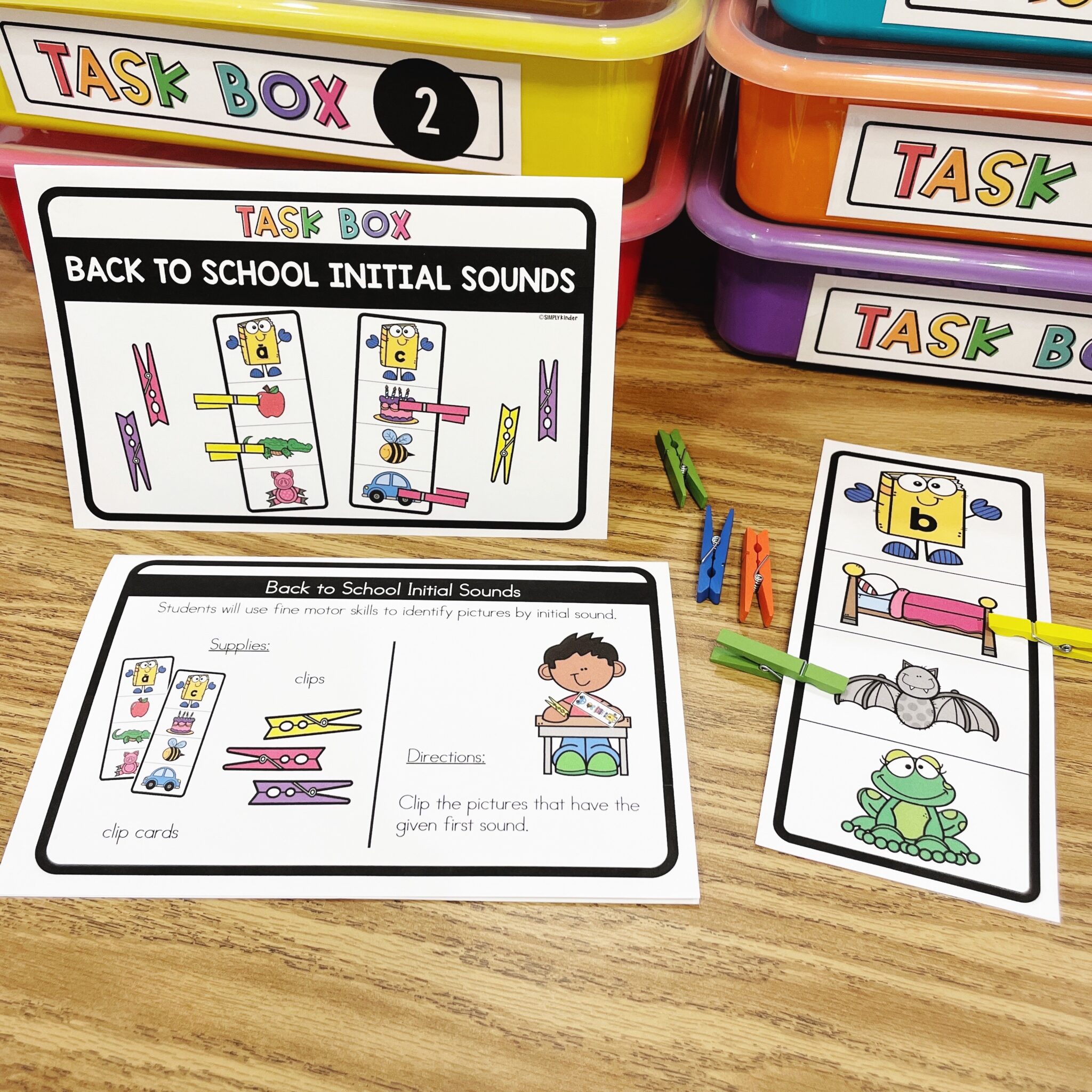Back To School Initial Sounds Clip Cards Task Boxes - Simply Kinder ...