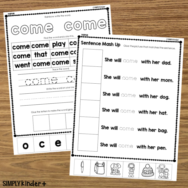 Come - Sight Word Cut & Glue Activities - Simply Kinder + Printable ...