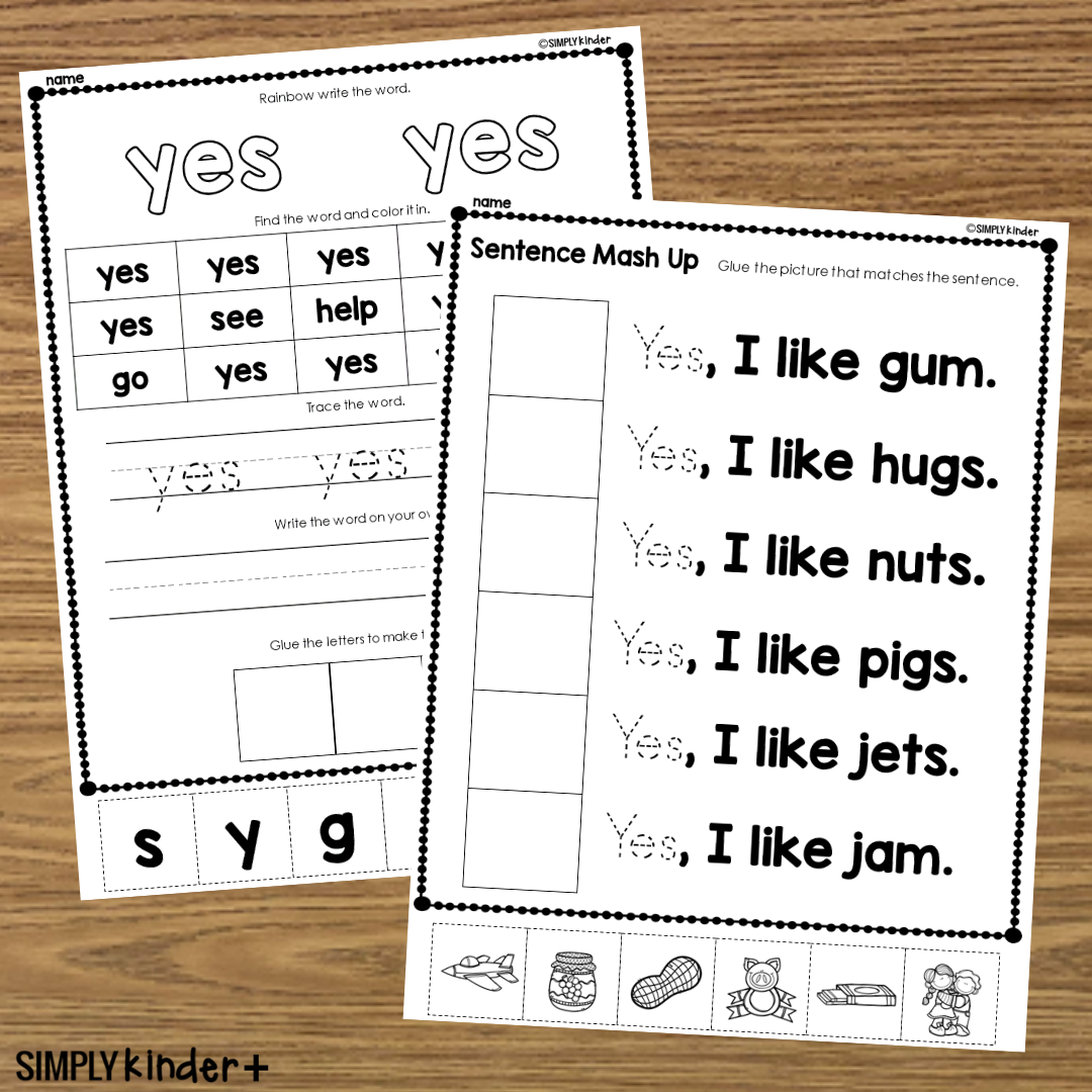 Yes - Sight Word Cut & Glue Activities - Simply Kinder Plus