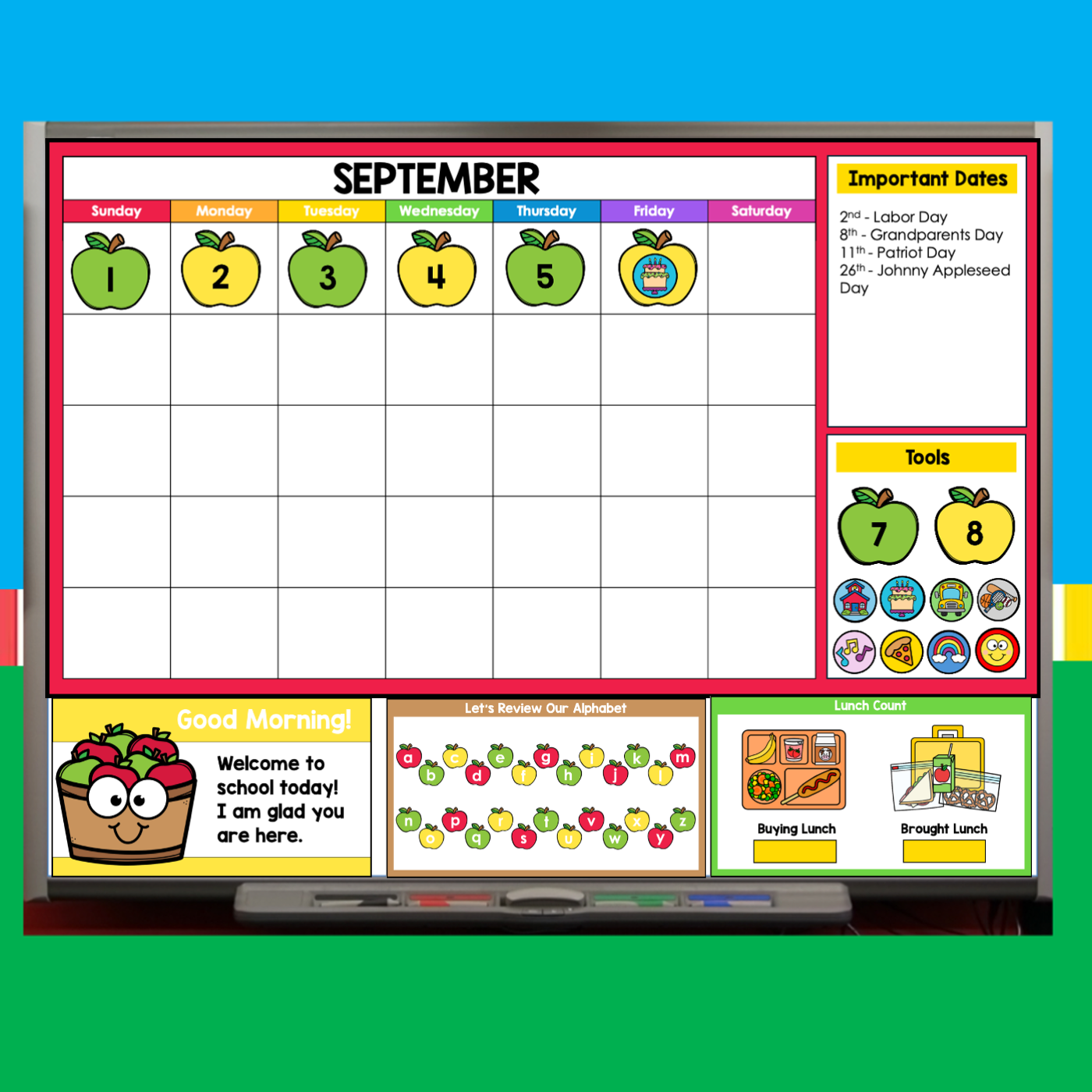 Morning Meeting Slides with September calendar, alphabet review, and lunch count