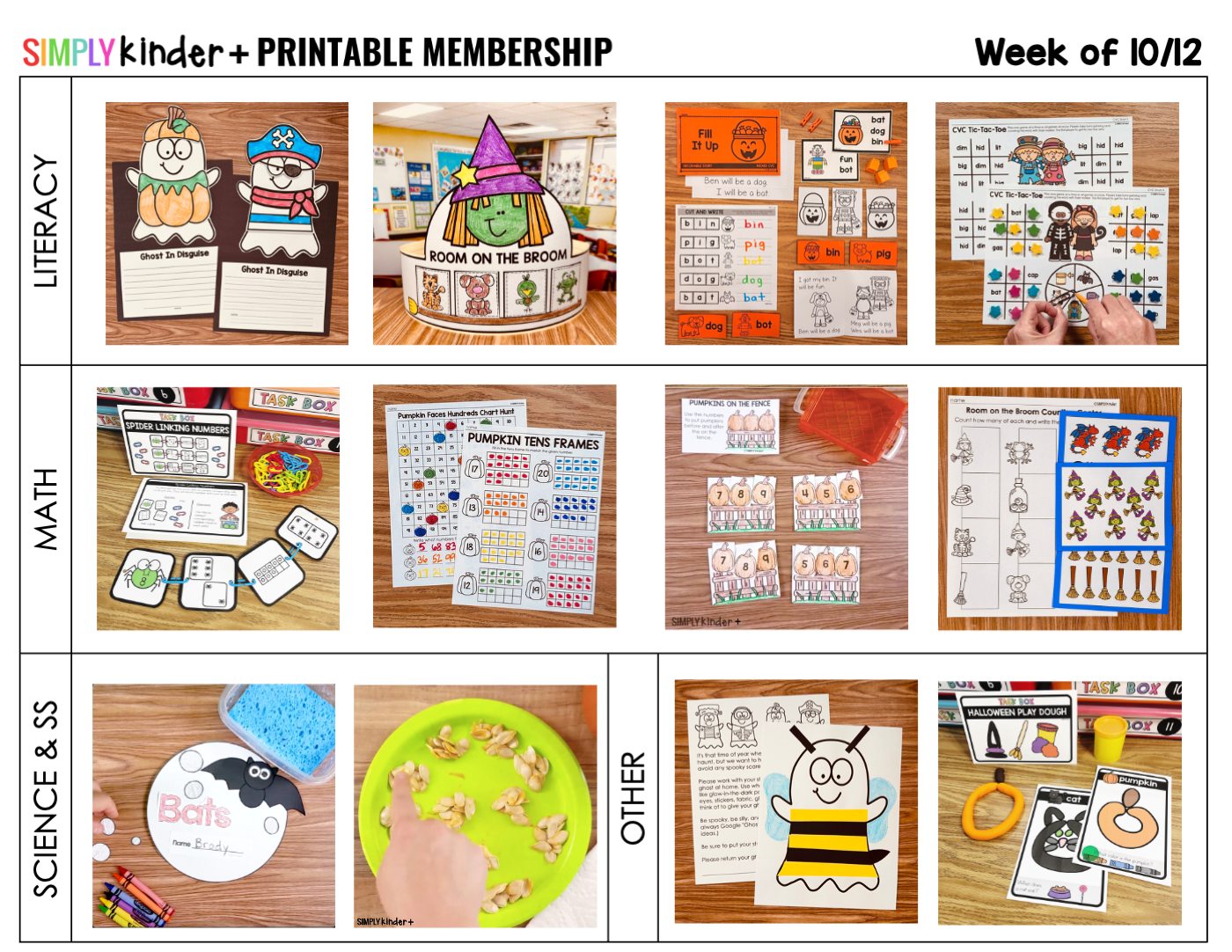 Weekly planner for October 12, 2026, featuring Halloween literacy, math, bats, pumpkin science, and classroom activities.