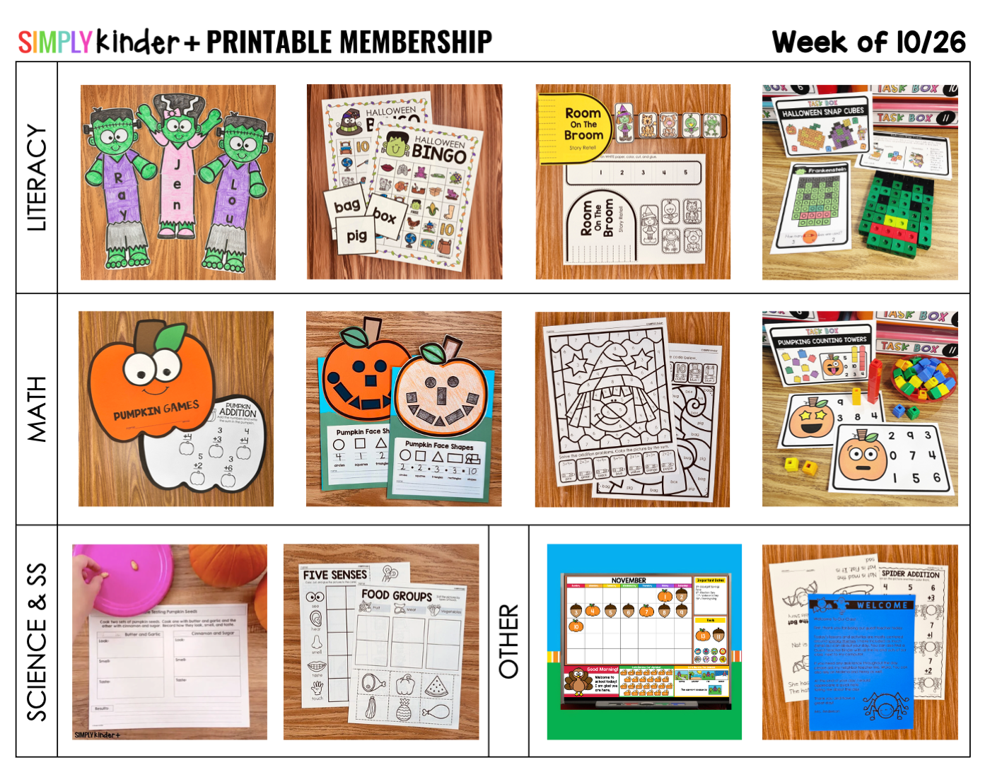 Weekly planner for October 26, 2026, featuring Halloween literacy, pumpkin math, science, and classroom activities.