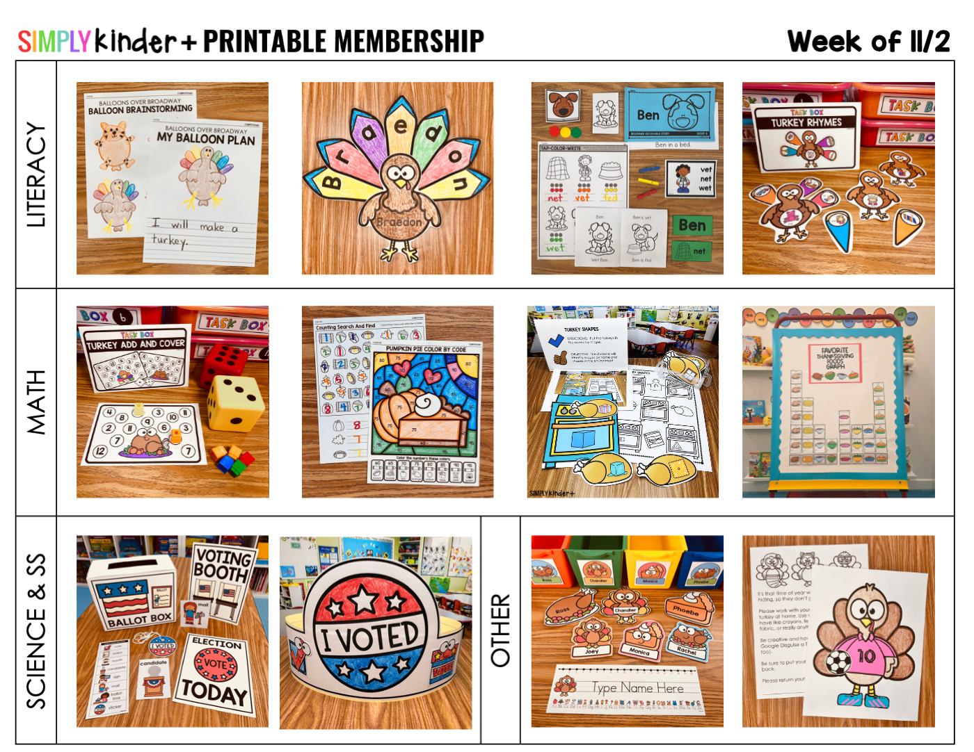 Weekly planner for November 2, 2026, with Balloons Over Broadway, turkey activities, beginner reading, Thanksgiving math, and classroom voting.