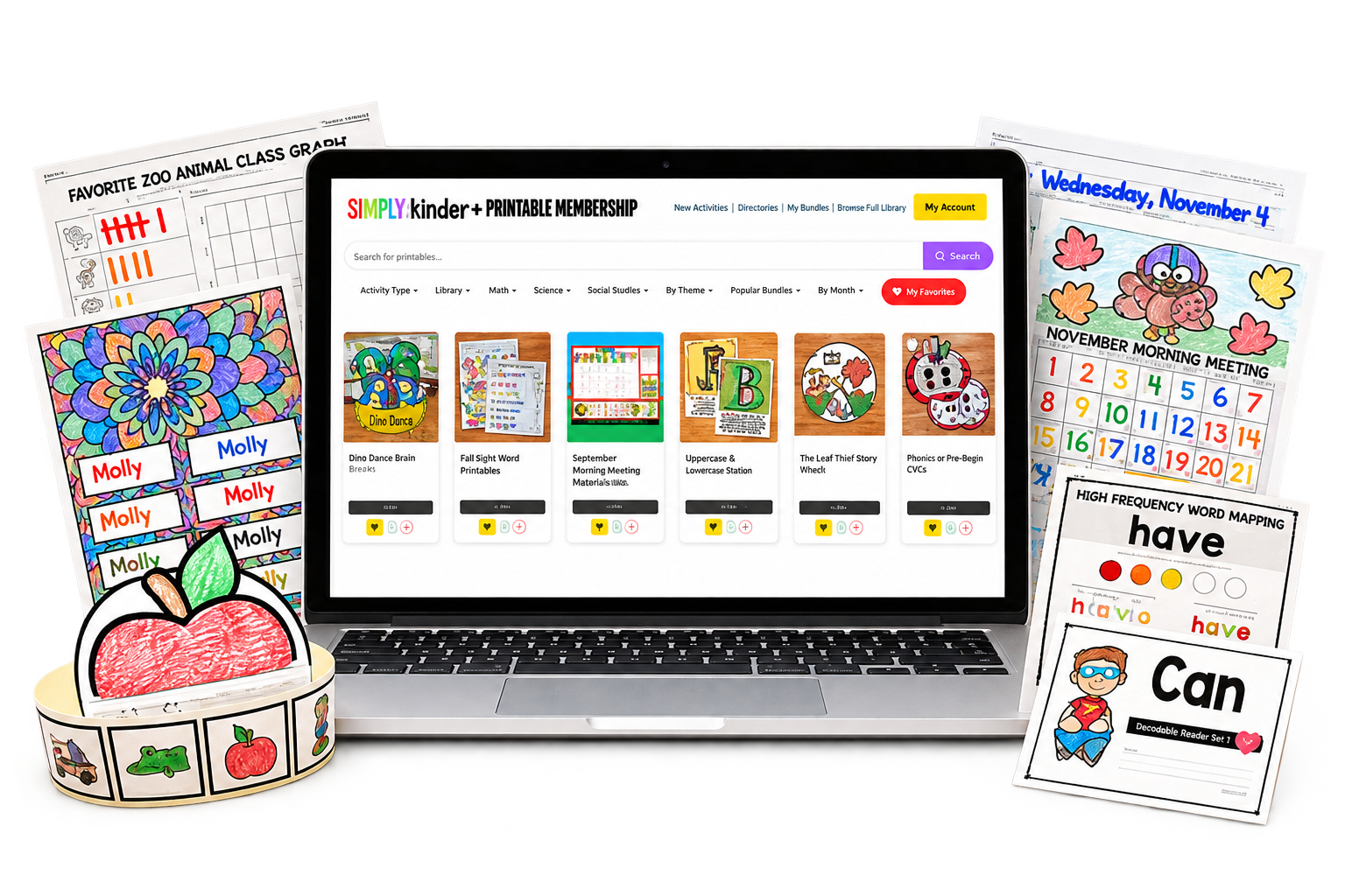 Simply Kinder+ resource library on a laptop with learning worksheets